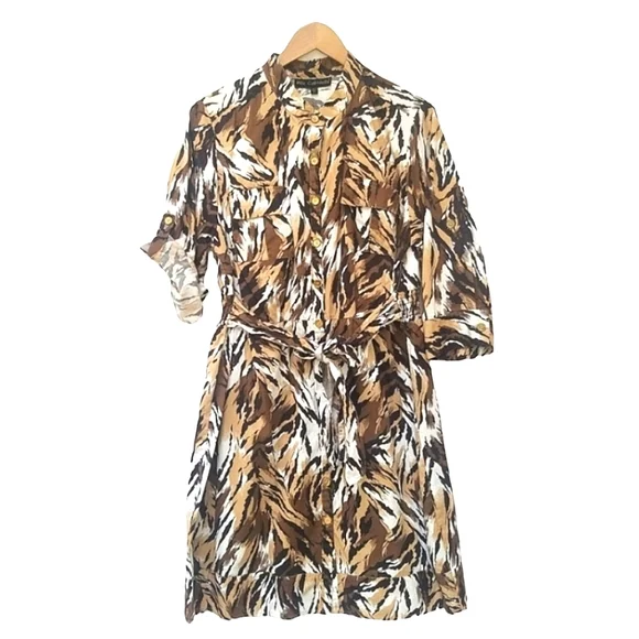 mlle gabrielle shirt dress Mlle Gabrielle Collared Shirt Dress L Brown Tan Tribal Safari Sleeveless  Button Front